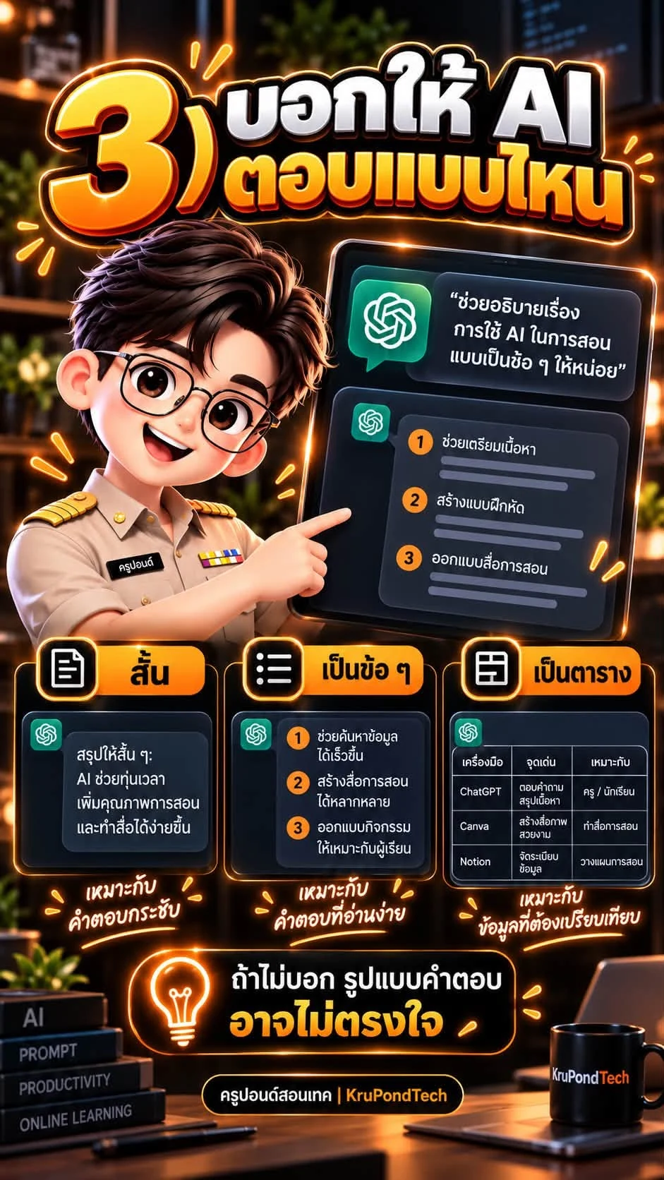 เทคนิคที่ 3 บอก AI ให้ตอบแบบสั้น เป็นข้อ ๆ หรือเป็นตาราง