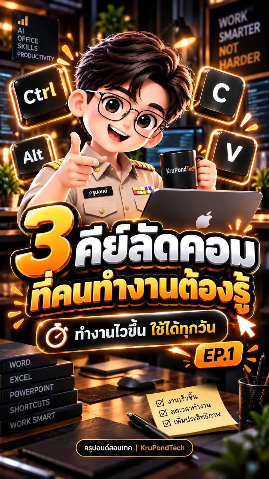 ตัวละครครูปอนด์กับปก 3 คีย์ลัดคอมที่คนทำงานต้องรู้