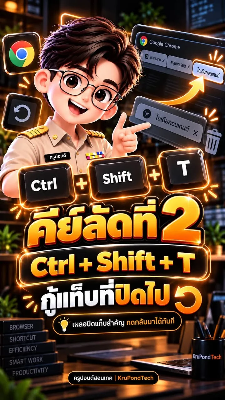 คีย์ลัดที่ 2 Ctrl + Shift + T สำหรับเปิดแท็บที่เพิ่งปิดกลับมา
